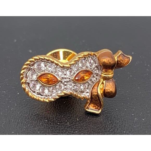 Swarovski Crystal Amber Stone Venetian Masquerade Mask Gold Tone Brooch Tac Pin - Picture 1 of 3